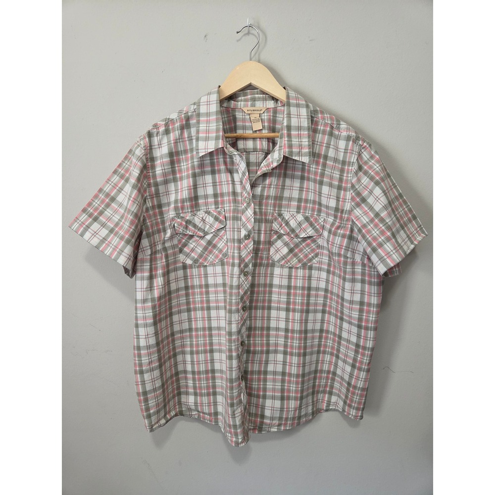 Bit & Bridle Womens 2X Pink Green Plaid Cotton Short Sleeve Button Down Shirt
